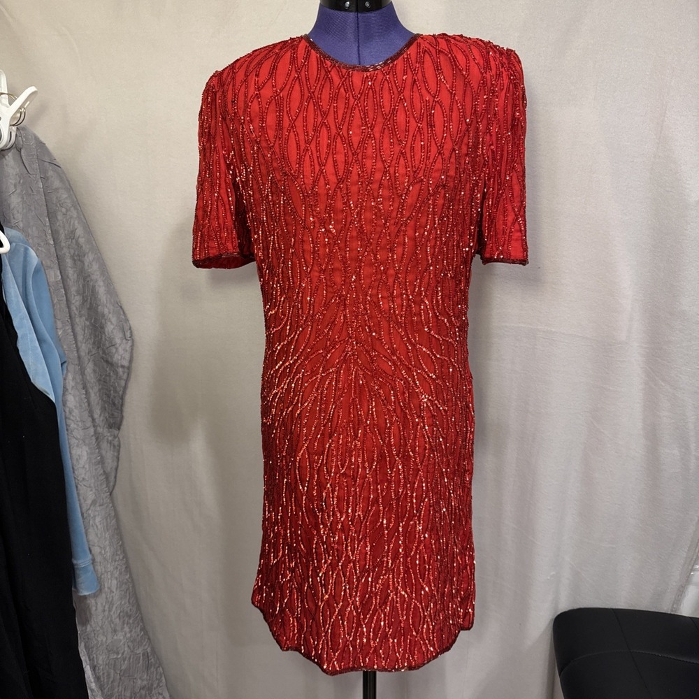 vintage Mark & John By Sam Women Red sequin‎ Midi Silk  Open Back dress Sz XL